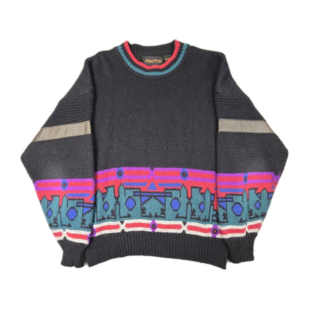 Vintage 90s Michael Gerald Knit Sweater Abstract‎ Cosby Black XL Geometric USA